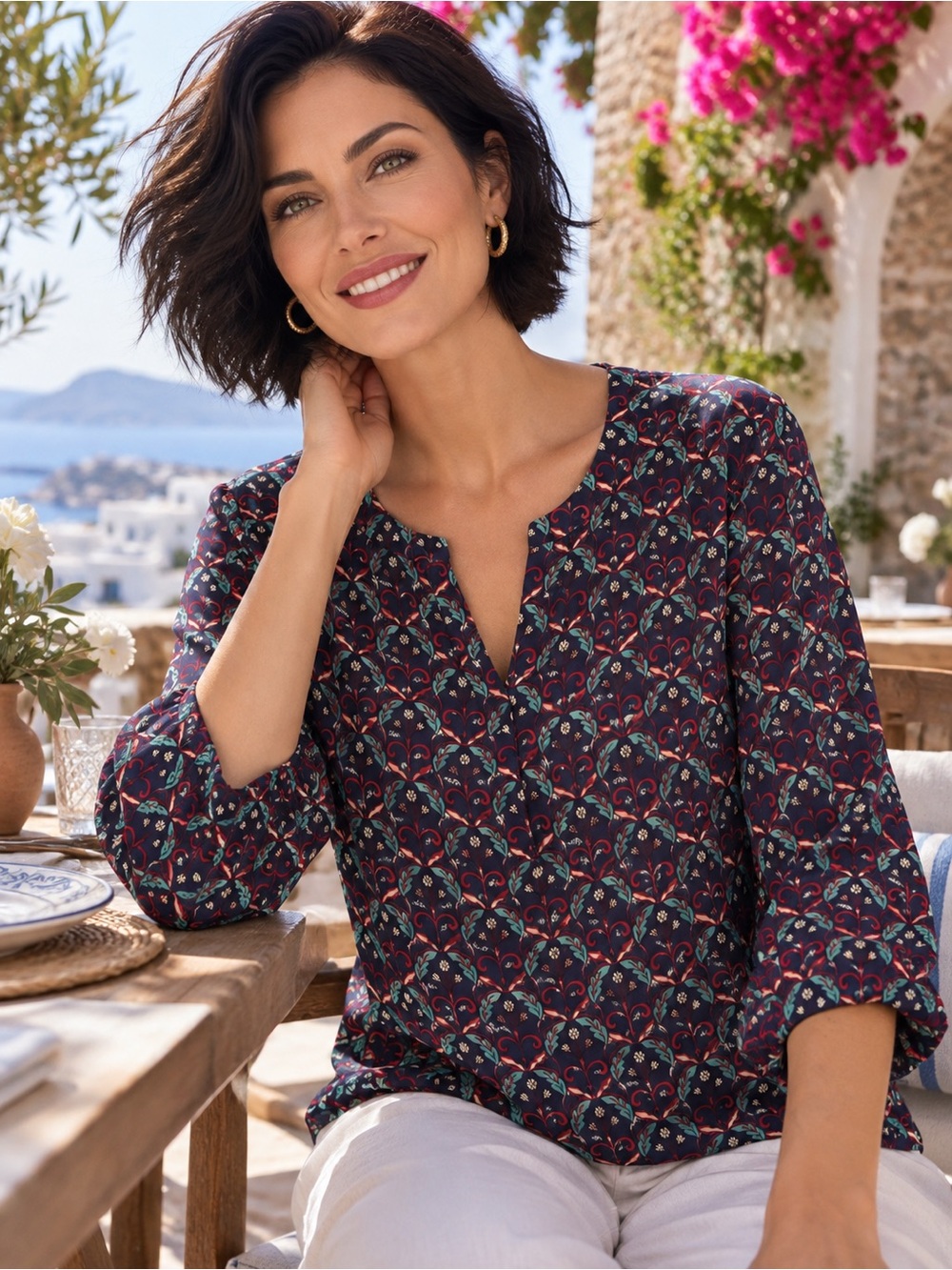 🐞Daniel Rainn Navy Floral Split-Neck Blouse with Teal & Burgundy Accents